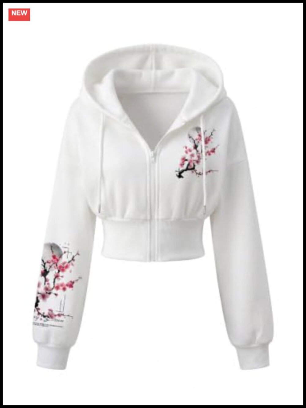 Floral Zip Up Hoodie Cinched Waist Long Sleeve Crop Sweatshirt